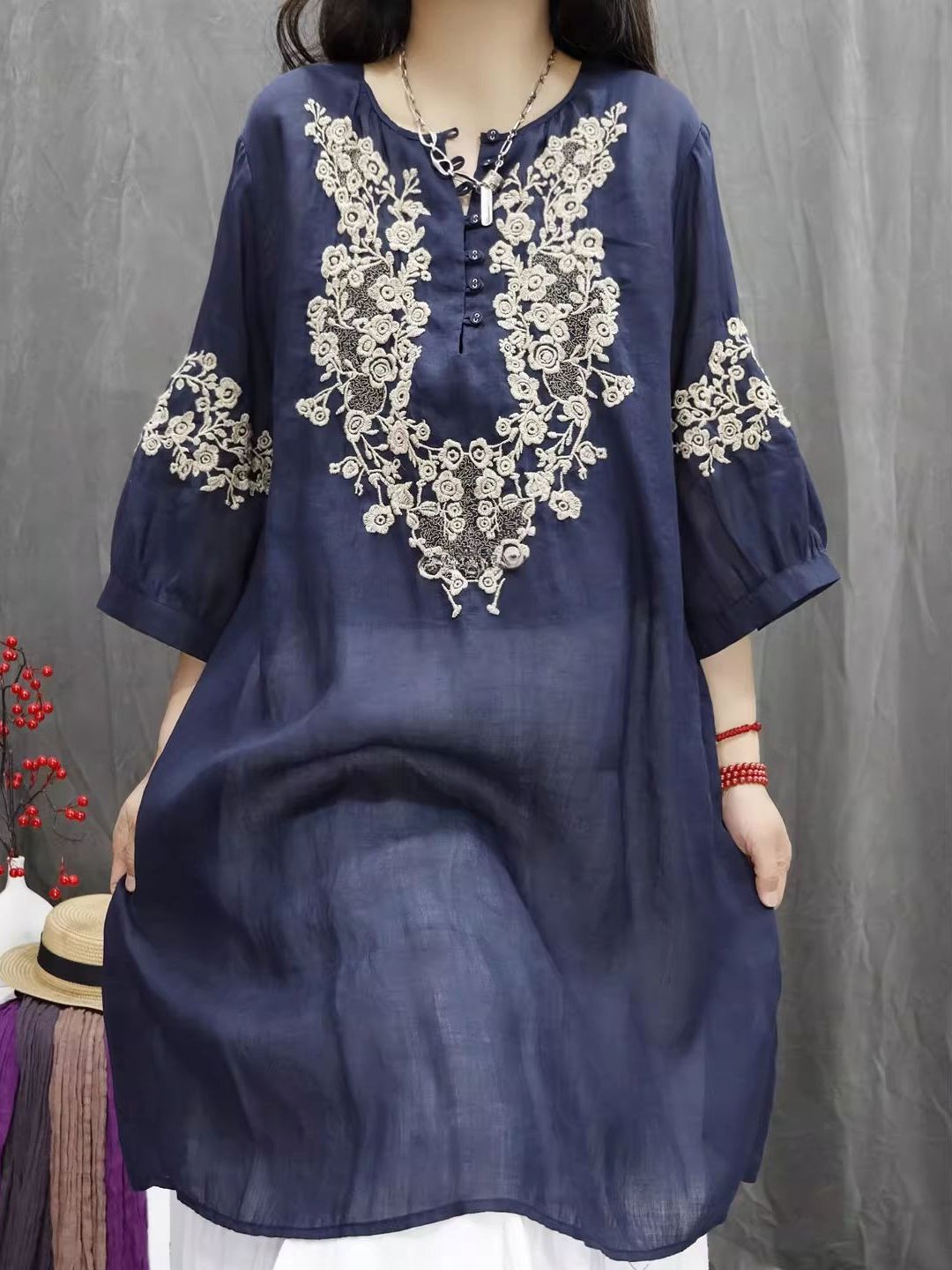 Retro Cotton Linen Embroidered - Casual Loose Linen Shirt Dress review and price