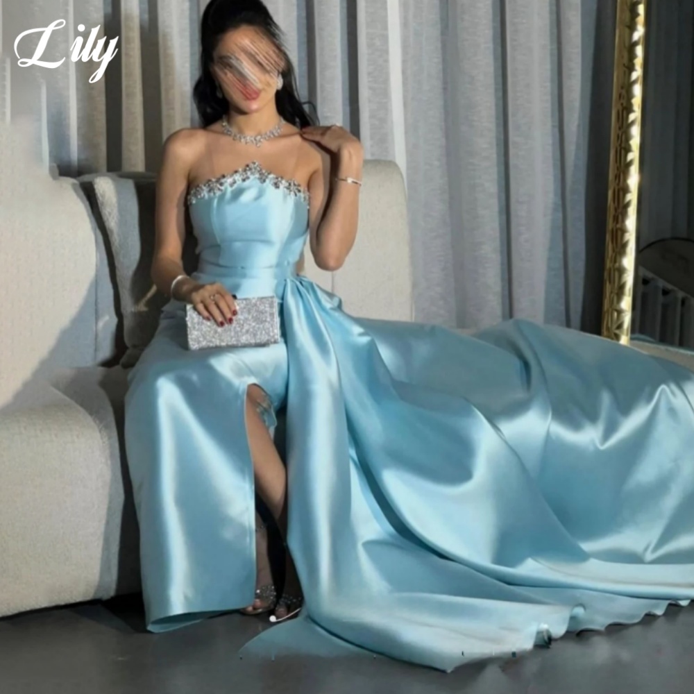 Lily Blue Elegant Formal Gown  - Elegant Satin Evening Gown Split review and price