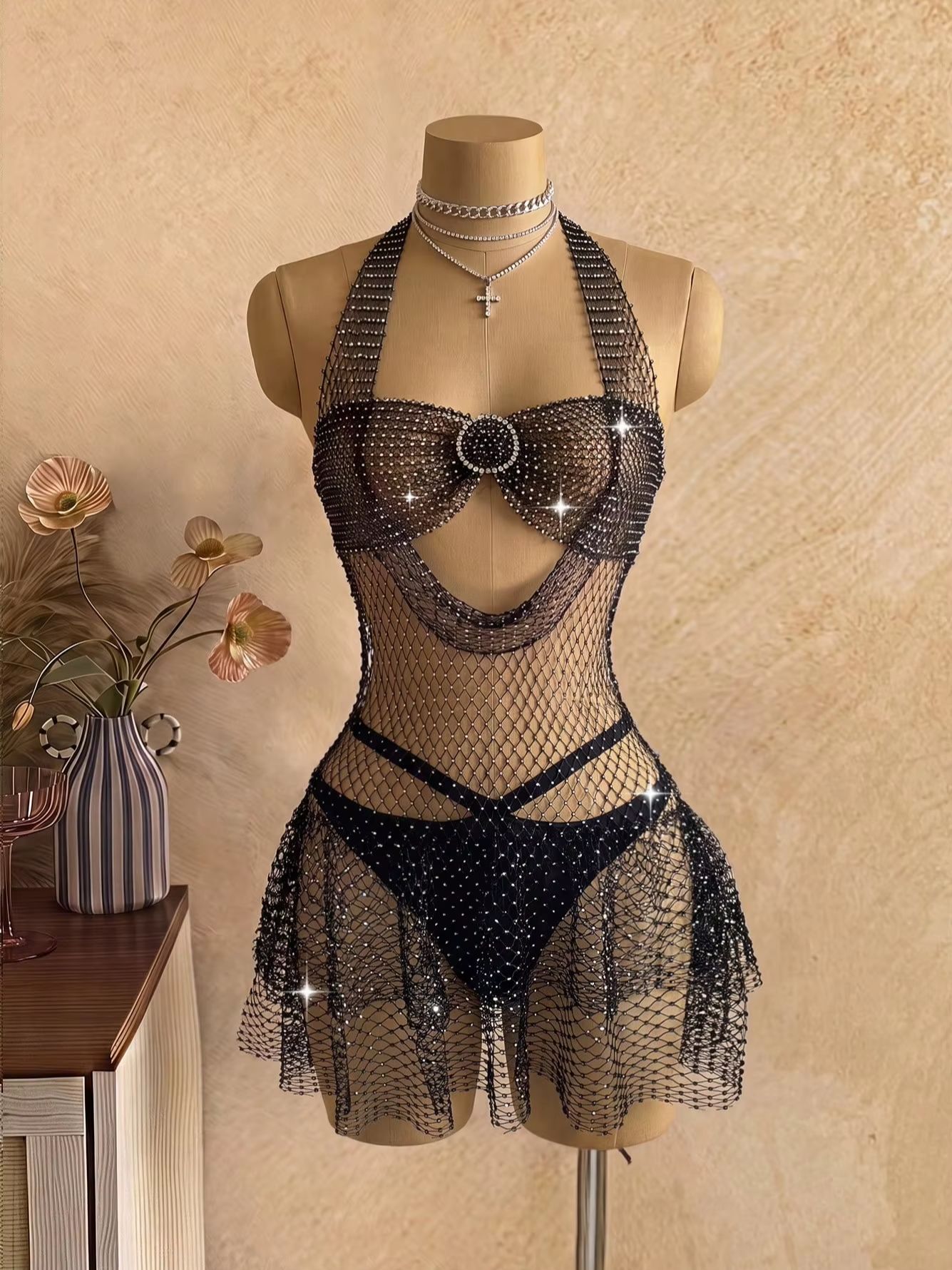 Black Rhinestone Mesh Halter D - Sparkly Rhinestone Club Party Dress review and price