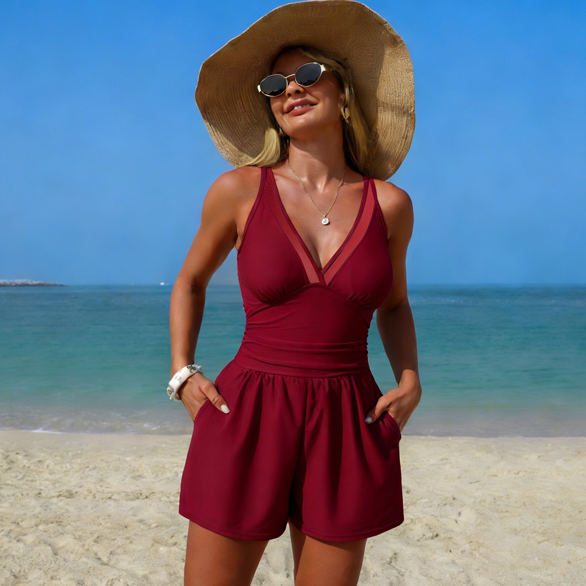 Black Solid Color Sleeveless V - Swimwear review and price
