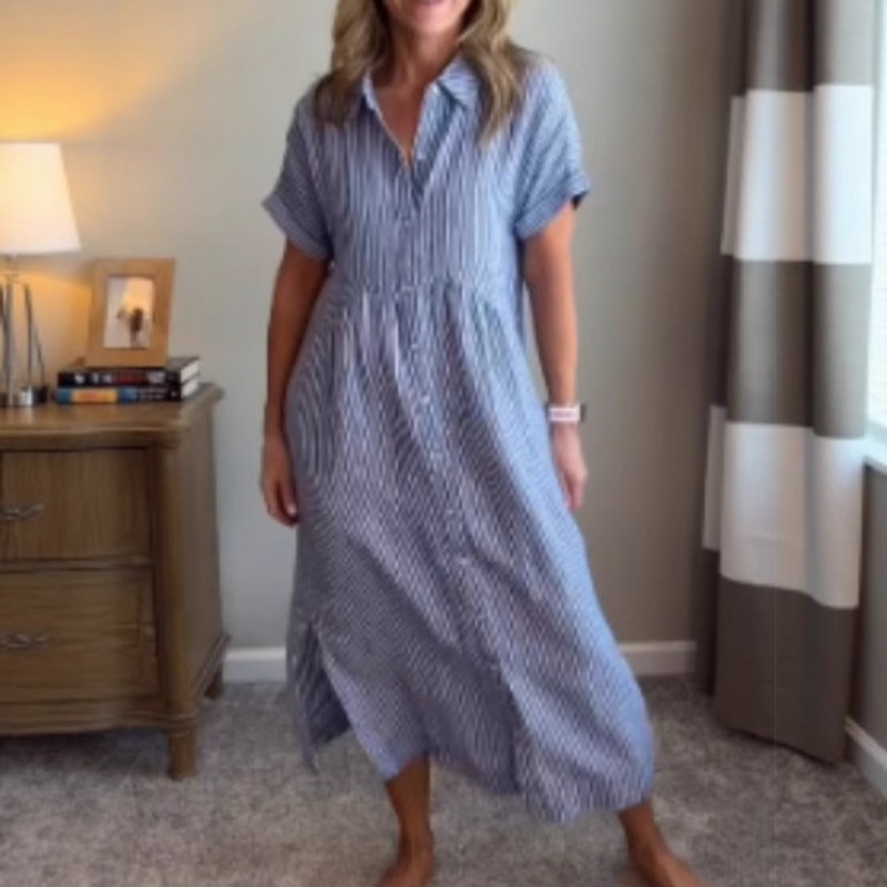 Women Striped Shirt Dress Summ - Casual Loose Linen Shirt Dress review and price