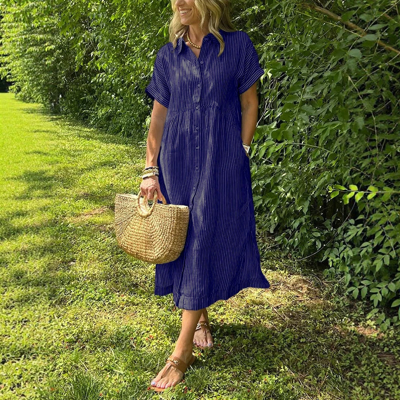 Women Striped Shirt Dress Summ - Casual Loose Linen Shirt Dress review and price