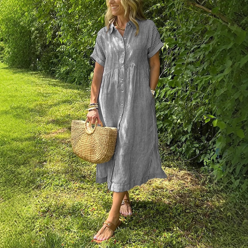 Women Striped Shirt Dress Summ - Casual Loose Linen Shirt Dress review and price