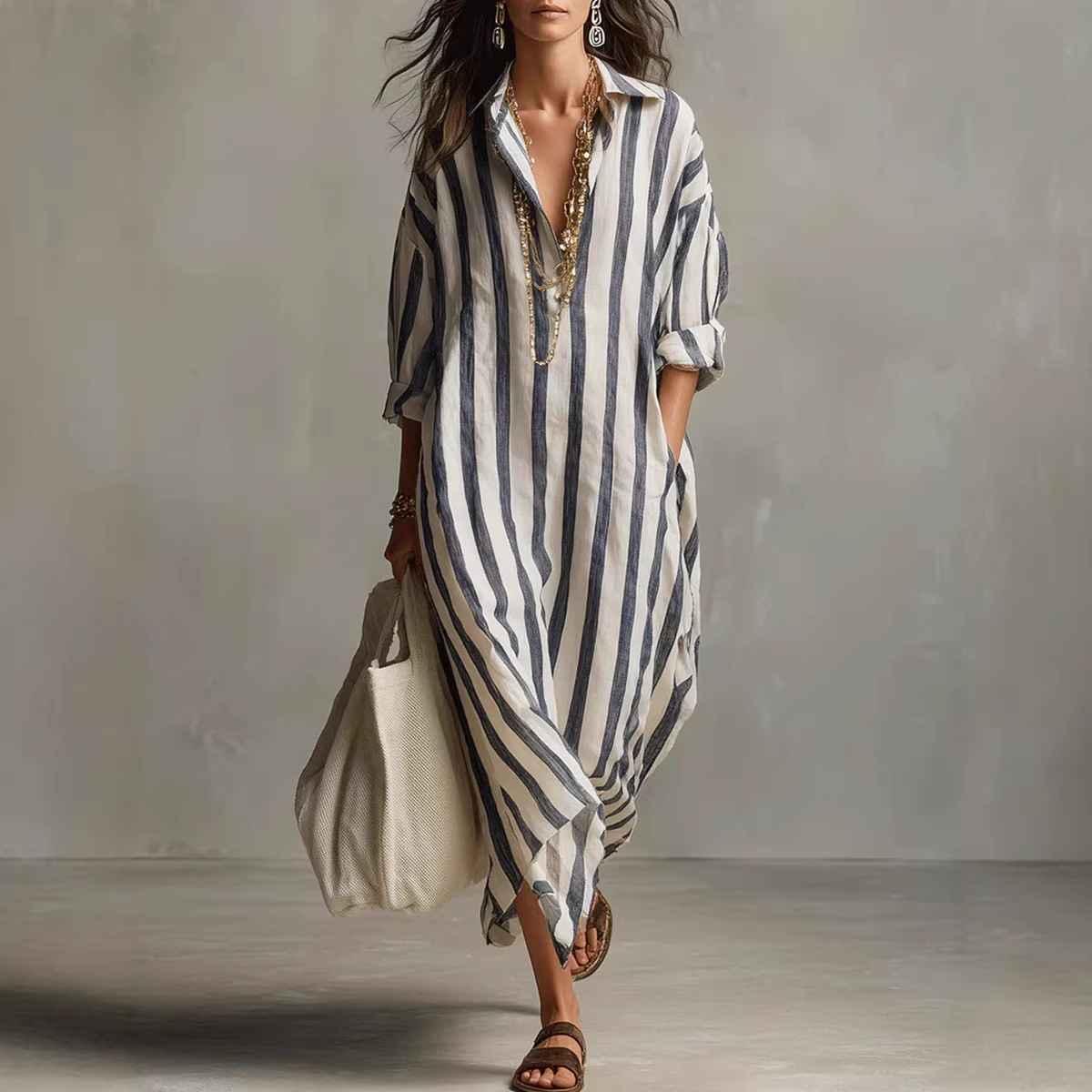 Summer Elegant Turn Down Colla - Casual Loose Linen Shirt Dress review and price